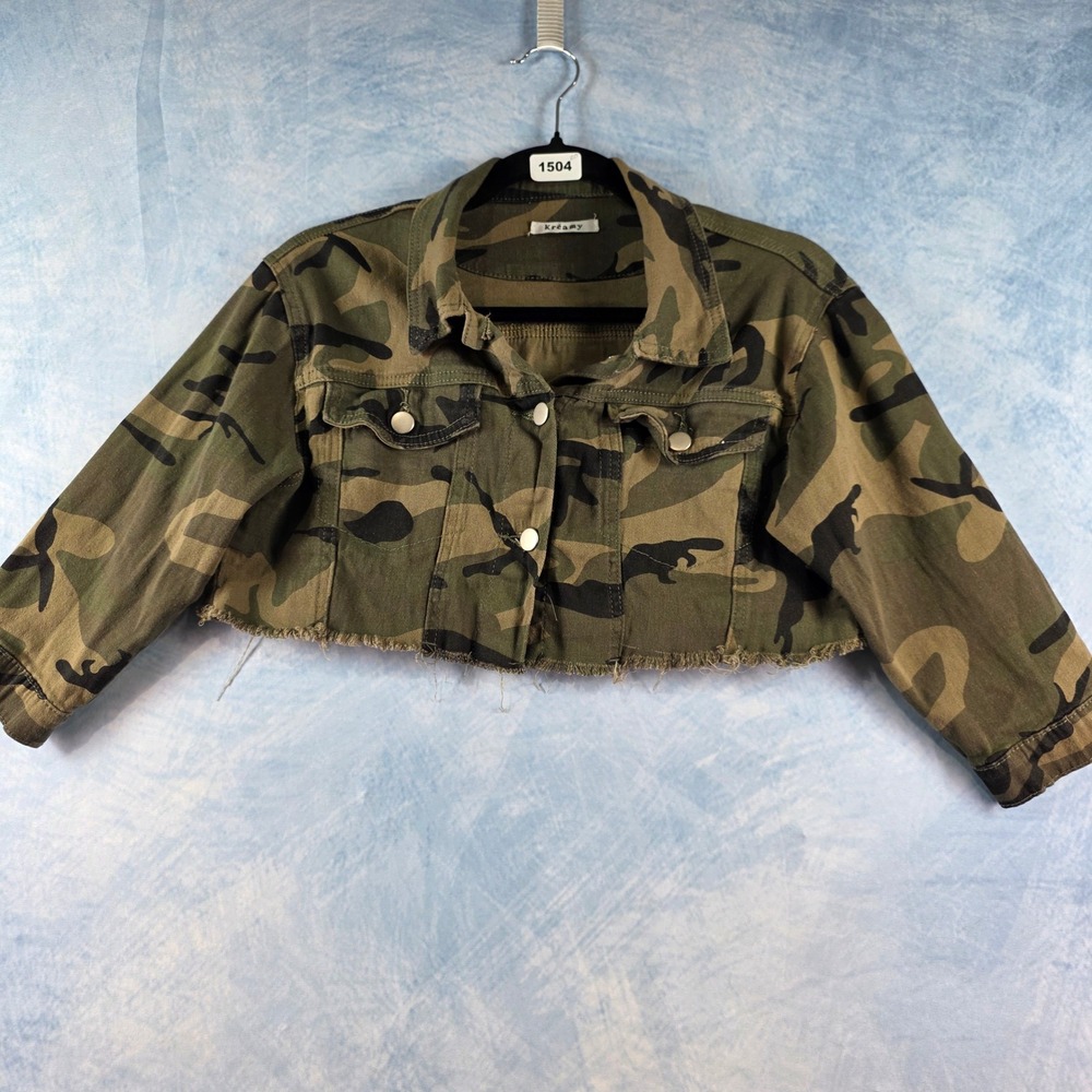 Kreamy Women Camo Cropped Jacket Distressed Raw Hem Military Green Brown‎ S/M